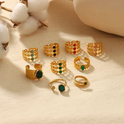 Vintage Style Round Stainless Steel Polishing Plating Inlay Natural Stone 18k Gold Plated Open Rings