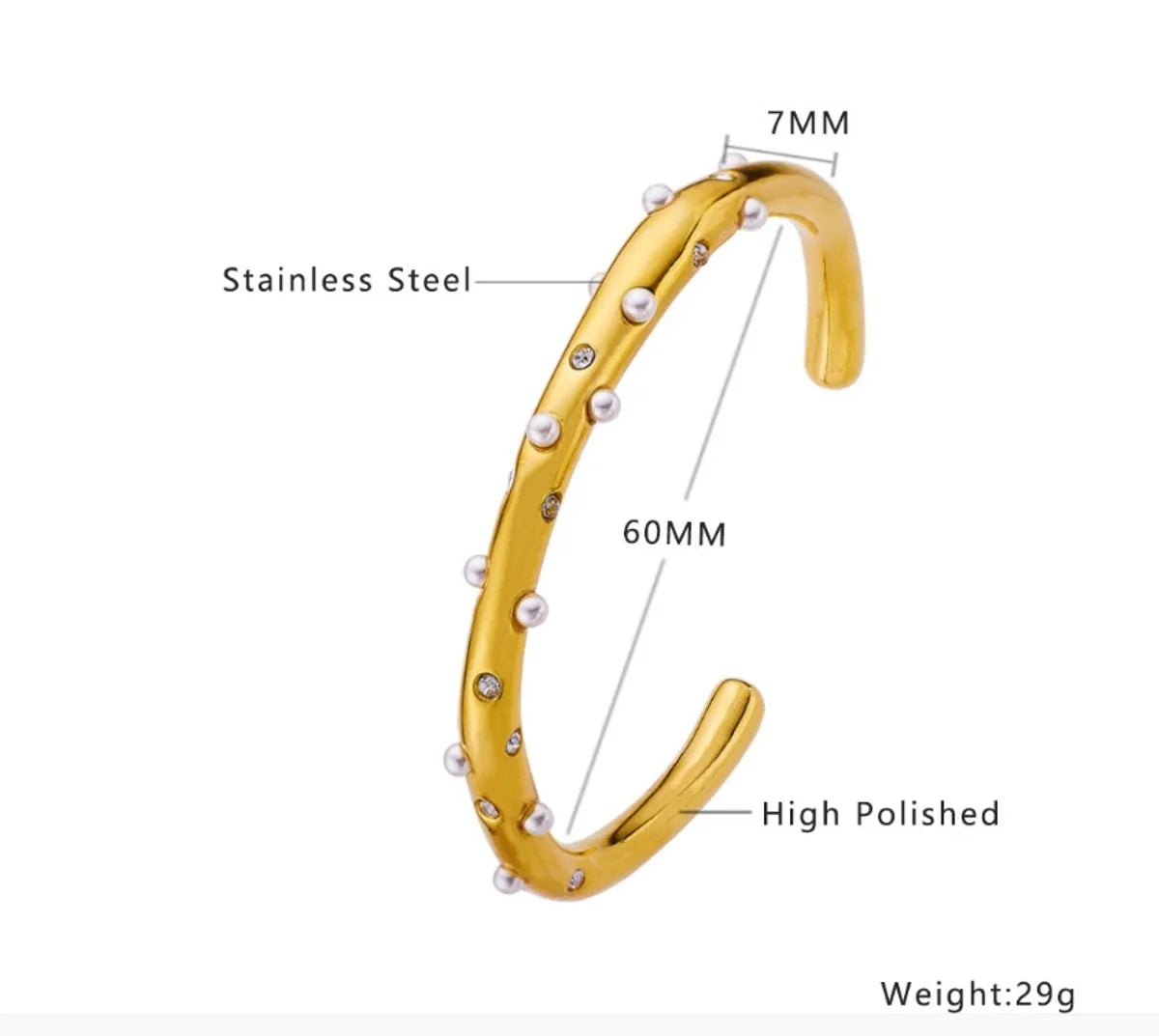 Vintage Style Round Titanium Steel Plating Inlay Artificial Pearls Zircon Gold Plated Bangle