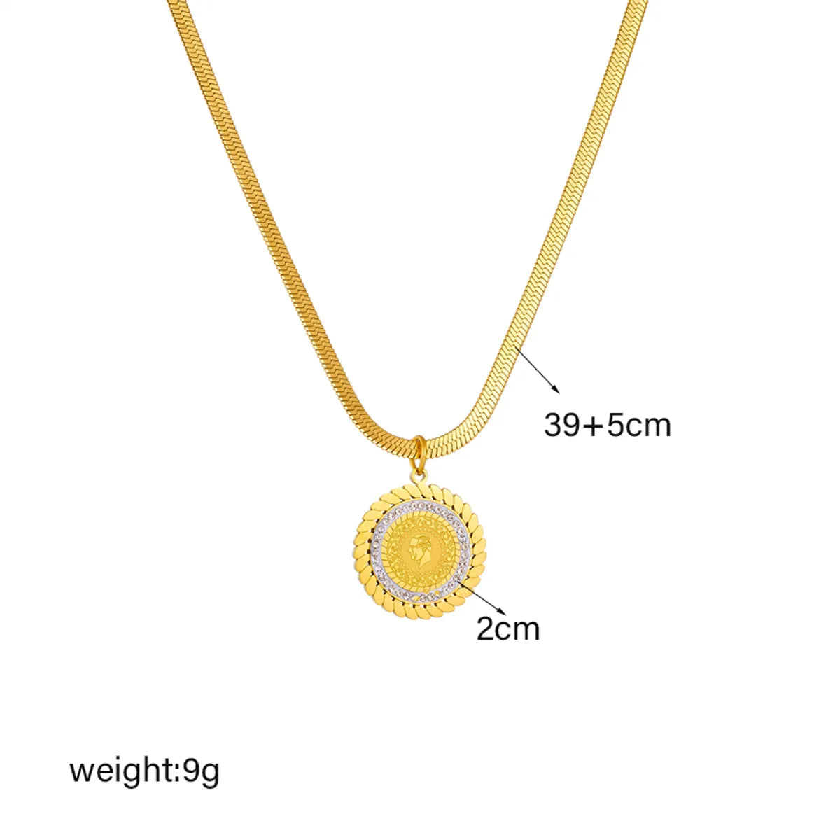 Vintage Style Round Titanium Steel Plating Inlay Rhinestones 18k Gold Plated Pendant Necklace