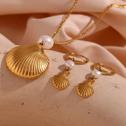 Vintage Style Shell Stainless Steel Plating 18k Gold Plated Earrings Necklace