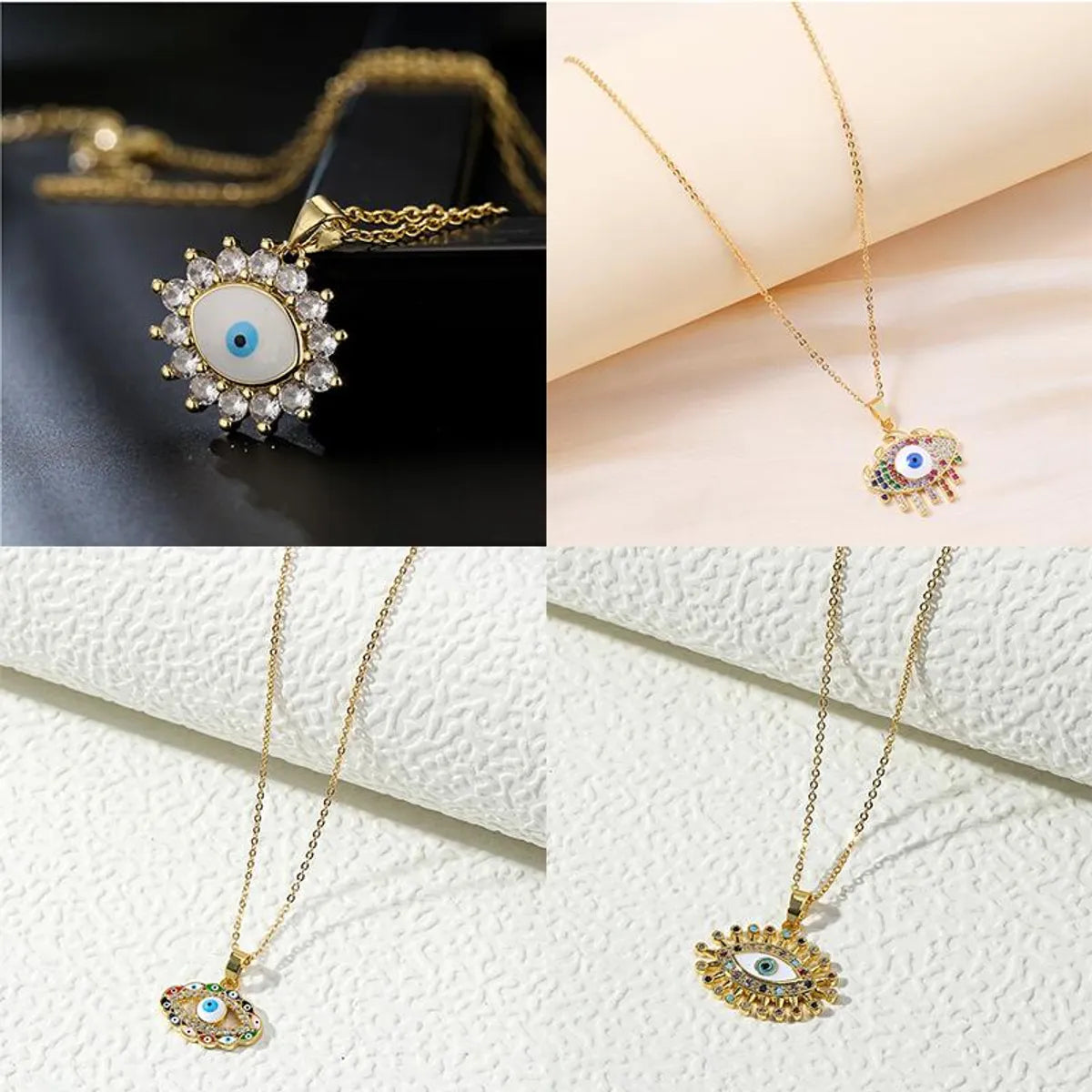 Vintage Style Shiny Devil's Eye Copper Plating Inlay Zircon 18k Gold Plated Pendant Necklace