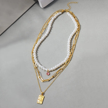 Vintage Style Shiny Square Heart Shape Artificial Pearl Alloy Beaded Women's Three Layer Necklace