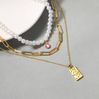 Vintage Style Shiny Square Heart Shape Artificial Pearl Alloy Beaded Women's Three Layer Necklace