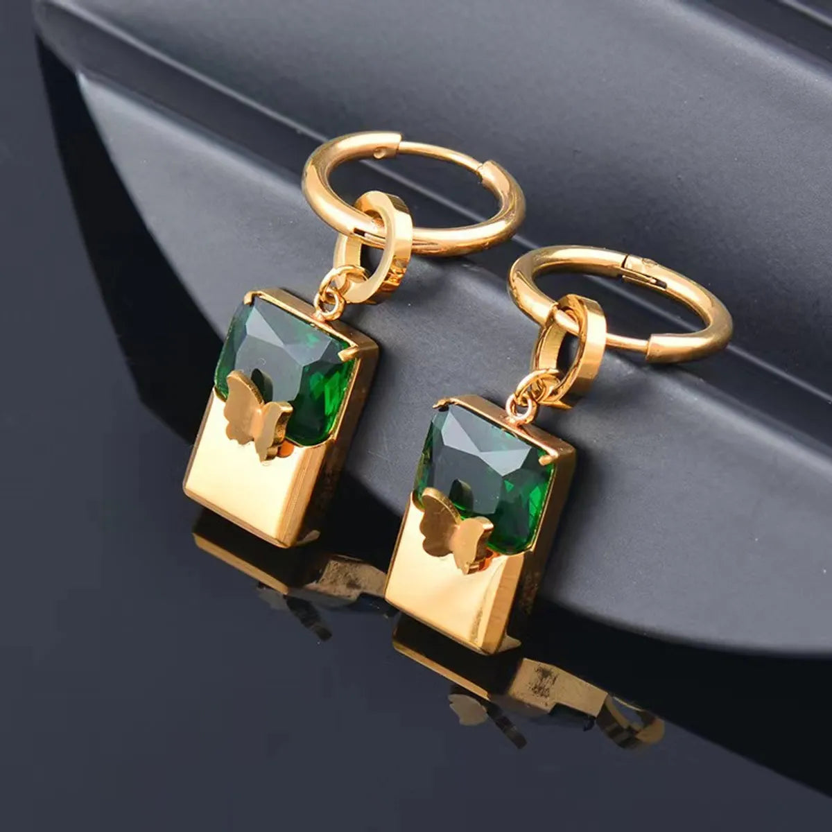 Vintage Style Simple Style Butterfly Rectangle Titanium Steel Plating Inlay Zircon 18k Gold Plated Earrings Necklace