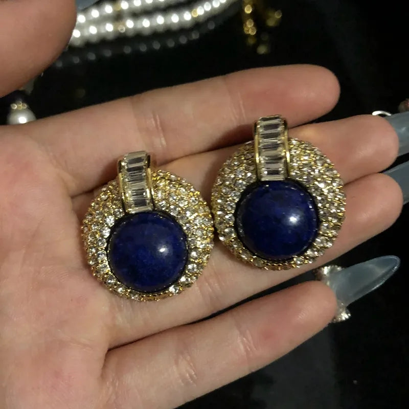 Vintage Style Simple Style Classic Style Round Alloy Glass Beaded Inlay Rhinestones Lapis Lazuli Women'S Earrings Necklace