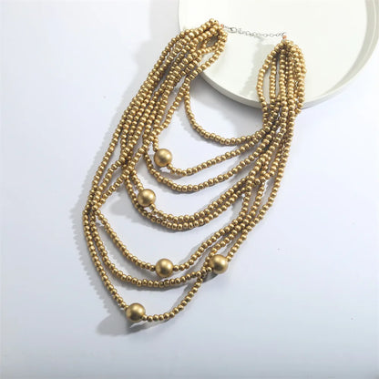 Vintage Style Simple Style Commute Round Wooden Beads Metal Beaded 14K Gold Plated Women'S Layered Necklaces