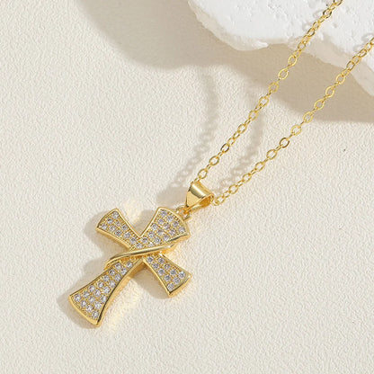 Vintage Style Simple Style Cross Copper 14k Gold Plated Zircon Pendant Necklace In Bulk