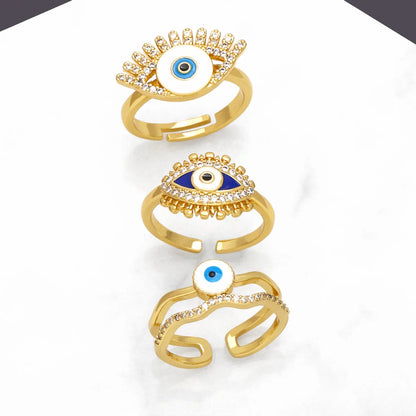 Vintage Style Simple Style Devil's Eye Copper Enamel Plating Inlay Zircon 18k Gold Plated Open Rings