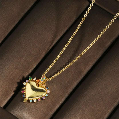 Vintage Style Simple Style Heart Shape Copper 18k Gold Plated Zircon Pendant Necklace In Bulk