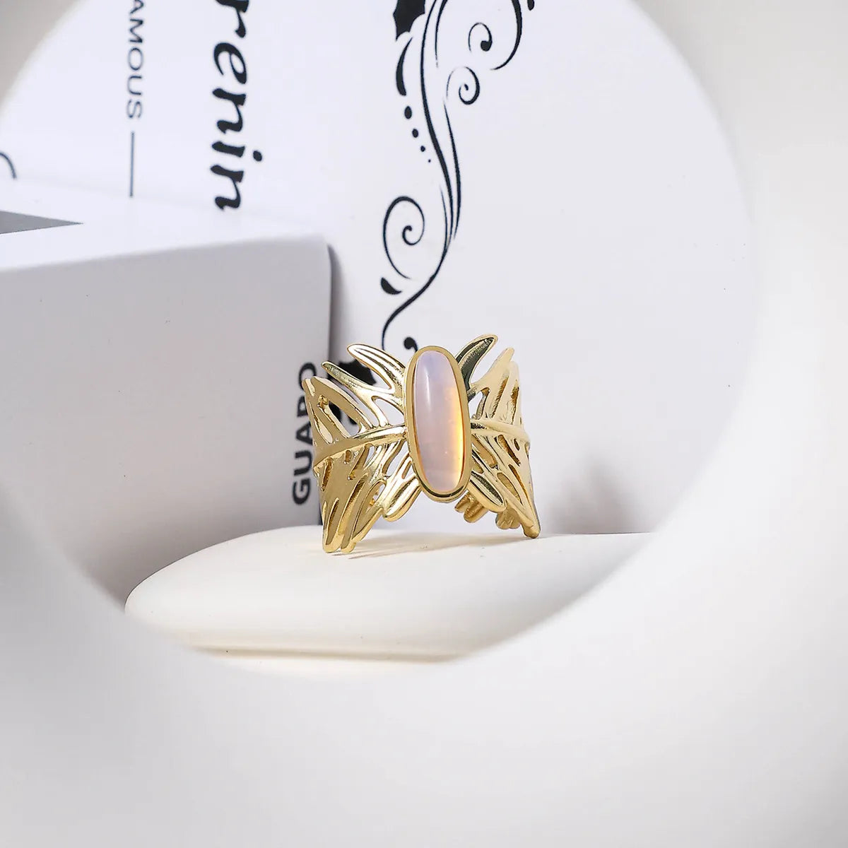 Vintage Style Simple Style Leaves Oval Stainless Steel Plating Hollow Out Inlay Glass Stone 14k Gold Plated Open Rings