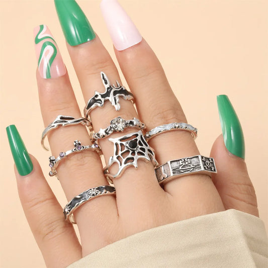 Vintage Style Simple Style Solid Color Spider Web Skull Alloy Enamel Inlay Artificial Rhinestones Silver Plated Unisex Open Rings