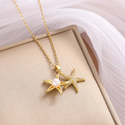 Vintage Style Simple Style Star Solid Color Stainless Steel Plating Inlay Zircon Pendant Necklace