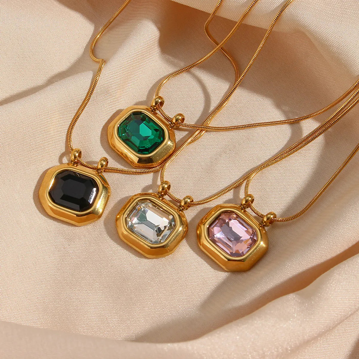 Vintage Style Square Stainless Steel Pendant Necklace Plating Zircon Stainless Steel Necklaces