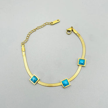 Vintage Style Square Titanium Steel Plating Inlay Turquoise 18k Gold Plated Bracelets Necklace