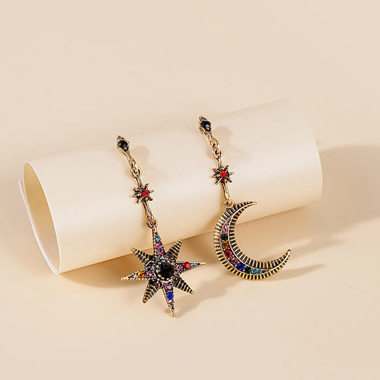 Vintage Style Star Moon Alloy Inlay Rhinestones Women's Drop Earrings