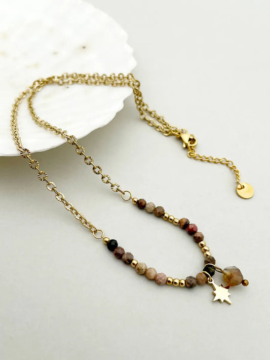 Vintage Style Star Stainless Steel Inlay Natural Stone Gold Plated Necklace