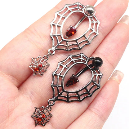 Vintage Style Streetwear Spider Web Stainless Steel Titanium Copper Epoxy Plating Inlay Artificial Gemstones Belly Ring