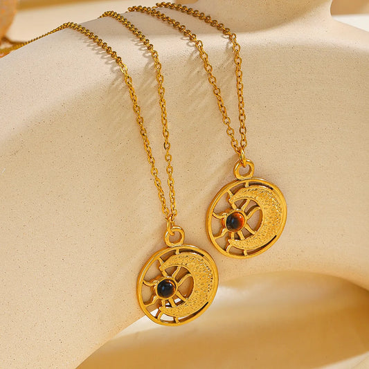 Vintage Style Sun Moon Stainless Steel Plating 18k Gold Plated Necklace