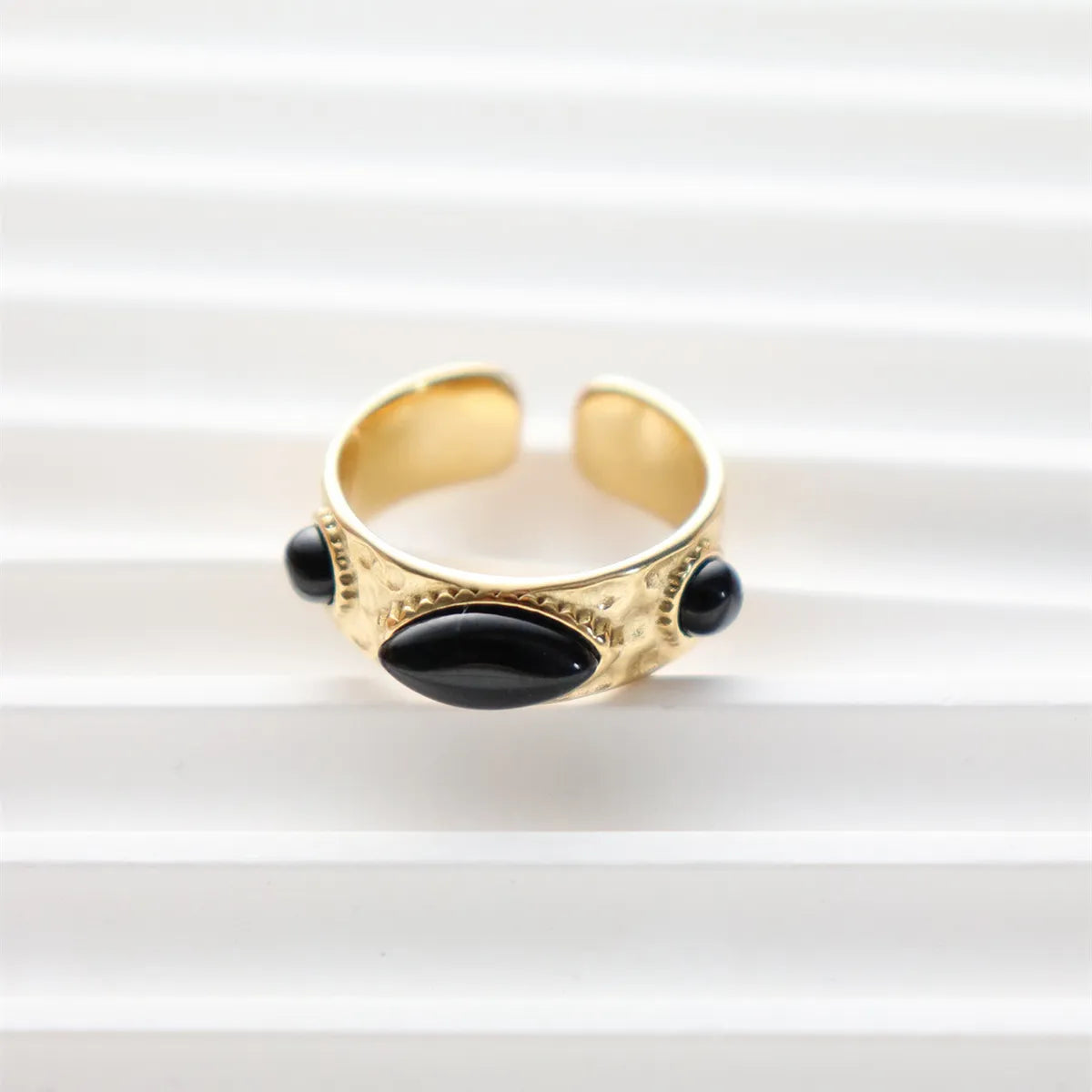 304 Stainless Steel 18K Gold Plated Vintage Style Inlay Sun Oval Eye Natural Stone Open Rings