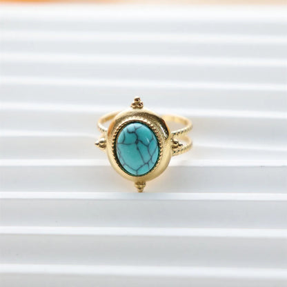 304 Stainless Steel 18K Gold Plated Vintage Style Inlay Sun Oval Eye Natural Stone Open Rings