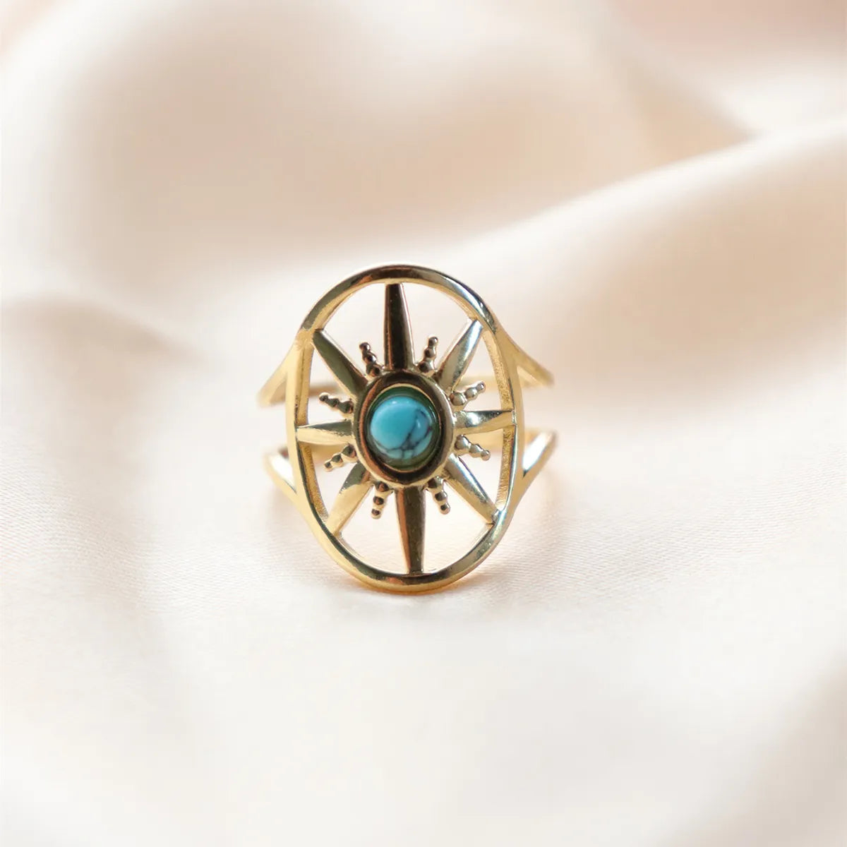 304 Stainless Steel 18K Gold Plated Vintage Style Inlay Sun Oval Eye Natural Stone Open Rings