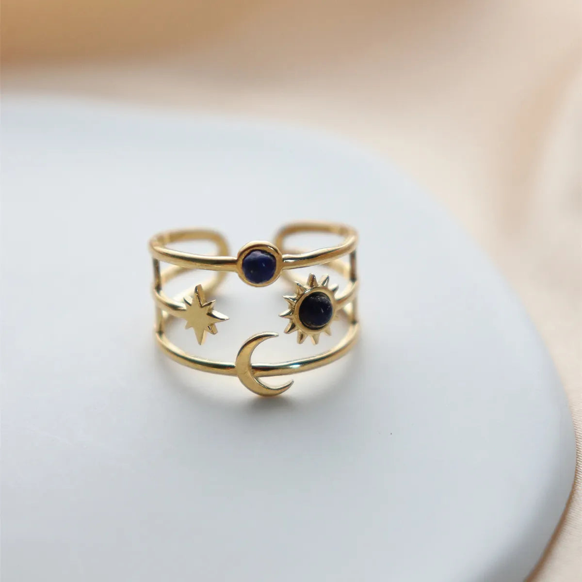 304 Stainless Steel 18K Gold Plated Vintage Style Inlay Sun Oval Eye Natural Stone Open Rings