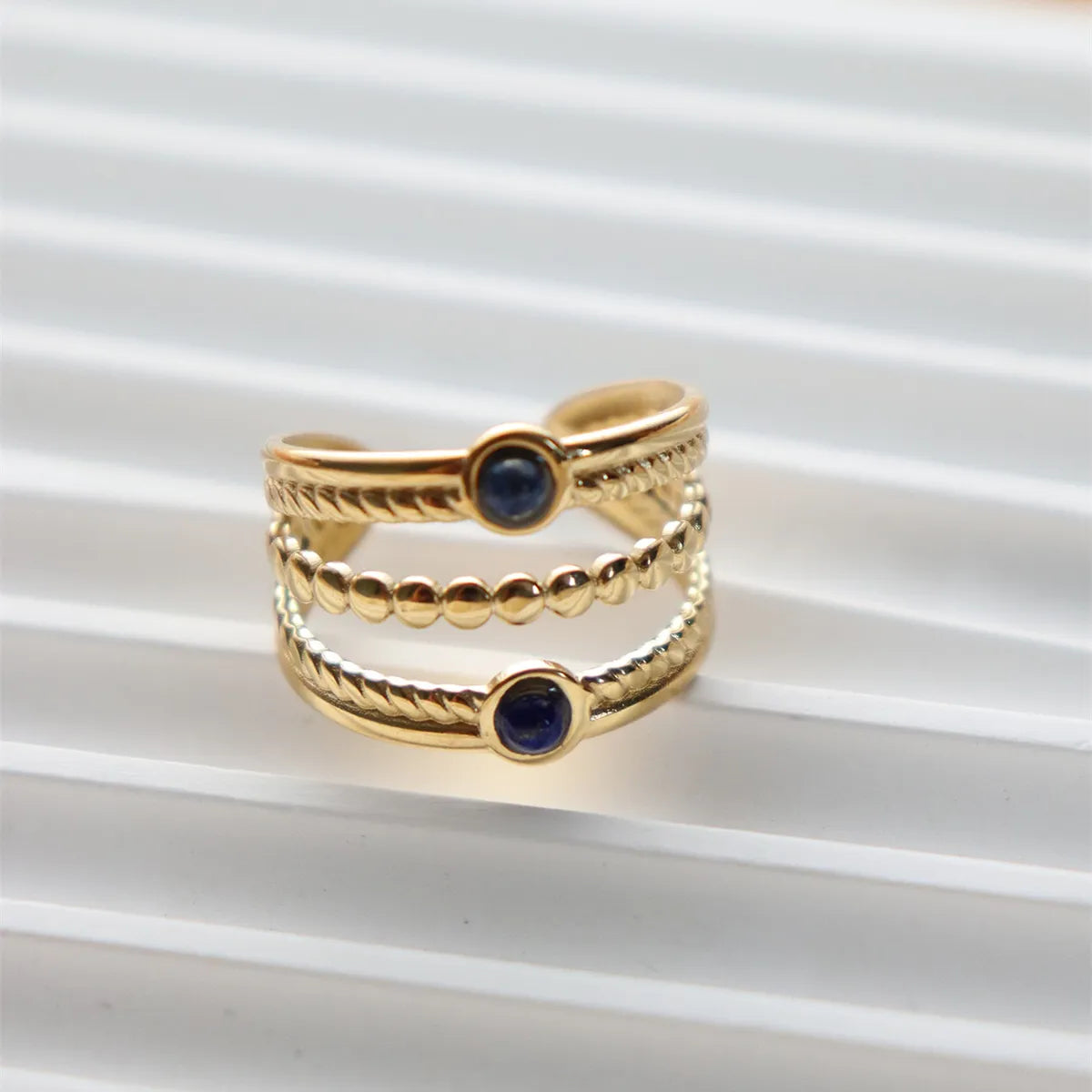 304 Stainless Steel 18K Gold Plated Vintage Style Inlay Sun Oval Eye Natural Stone Open Rings