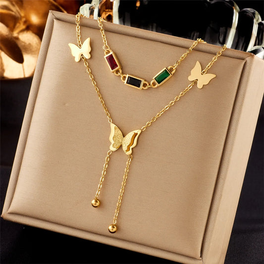 Vintage Style Tassel Butterfly Stainless Steel Plating Inlay Rhinestones 18k Gold Plated Layered Necklaces