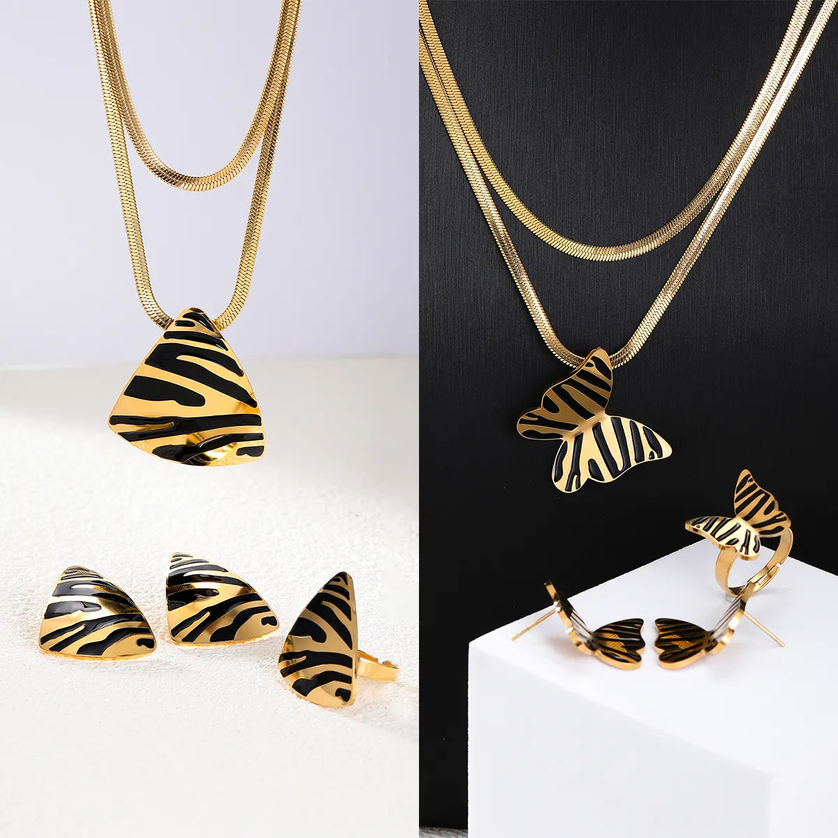 Vintage Style Vacation Butterfly Stainless Steel Plating 18k Gold Plated Jewelry Set