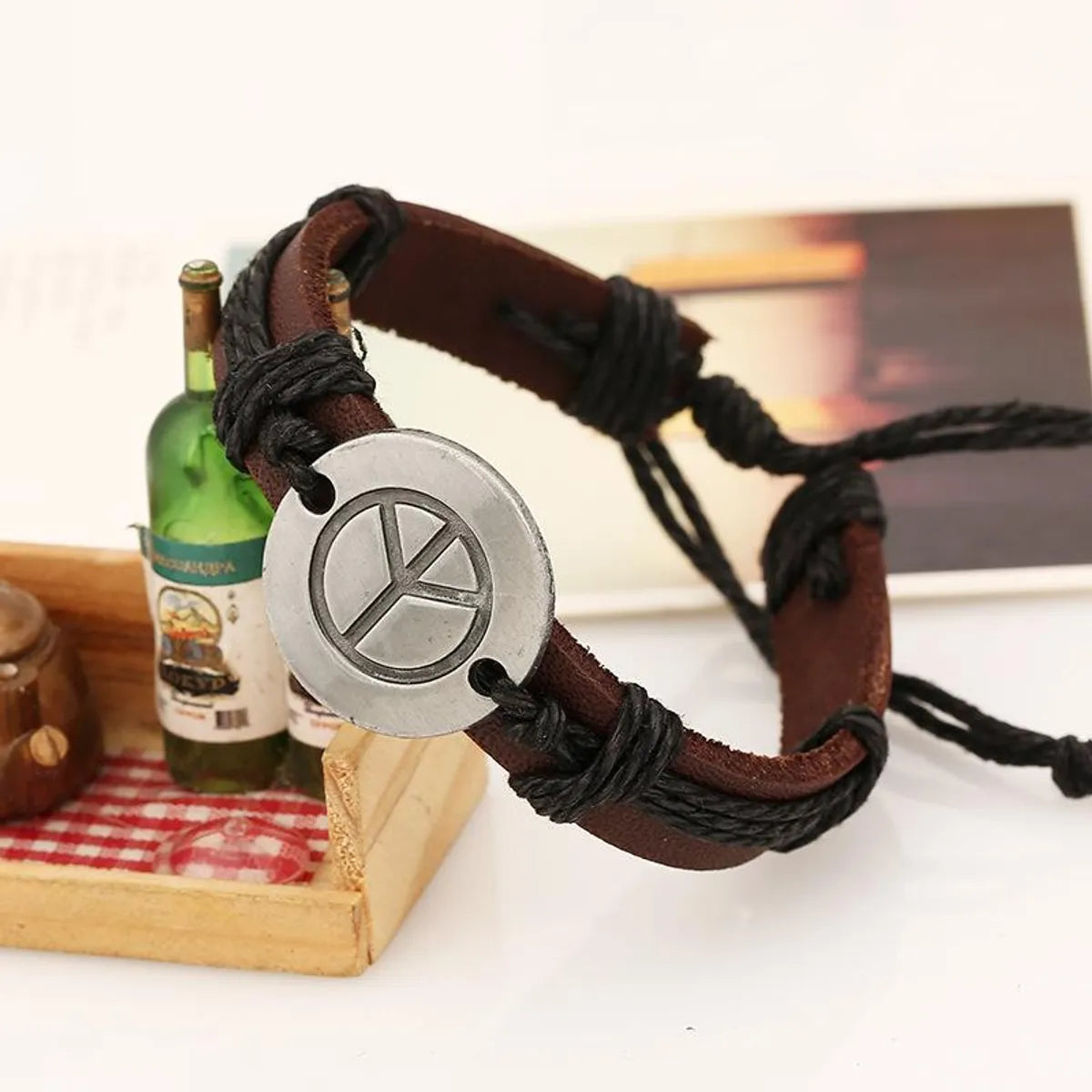 Vintage Woven Hemp Rope Alloy Peace Logo Leather Bracelet Nhpk138929