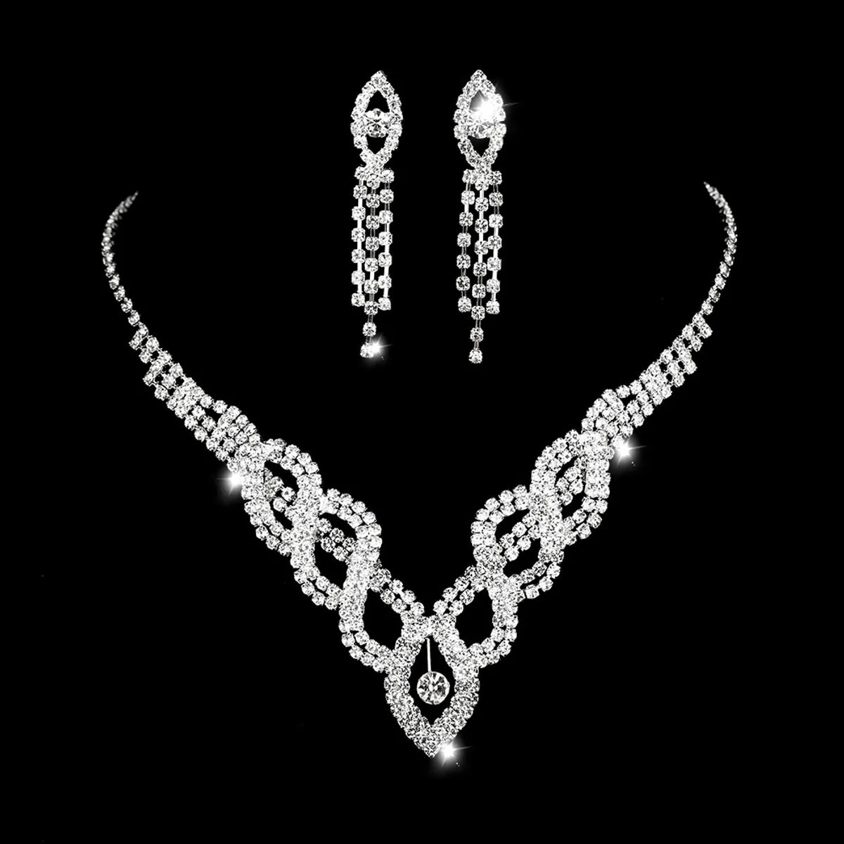 Wedding Dress Bride Hollow Full Diamond Women's Copper Necklace And Earrings Two-piece Set