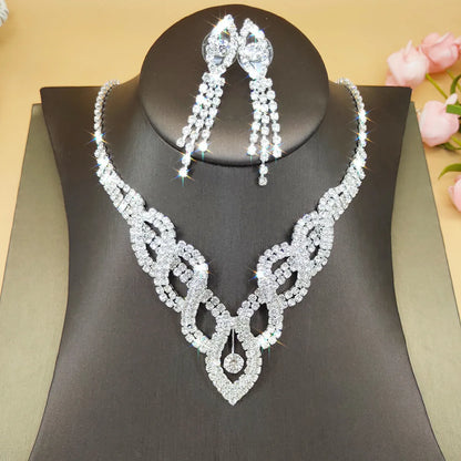 Wedding Dress Bride Hollow Full Diamond Women's Copper Necklace And Earrings Two-piece Set