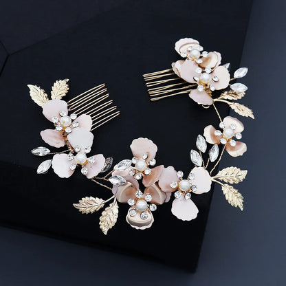 Wedding Light Luxury  Handmade  Pearl Rhinestone Pair Comb