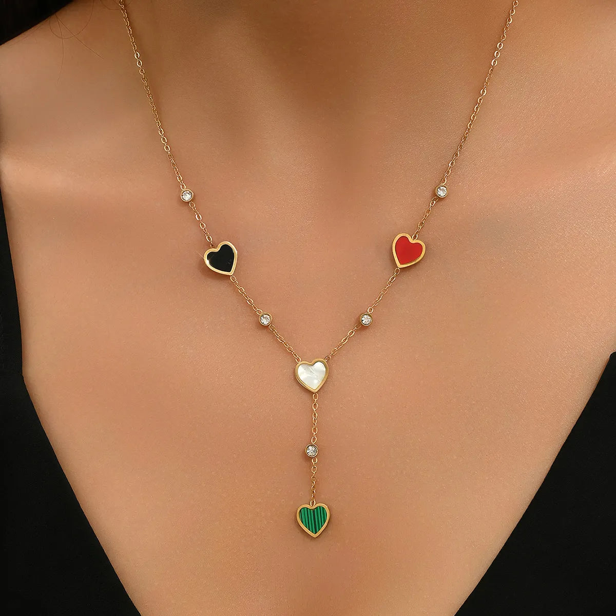 Wedding Simple Style Commute Heart Shape Stainless Steel Plating Inlay Rhinestones Shell 18k Gold Plated Pendant Necklace