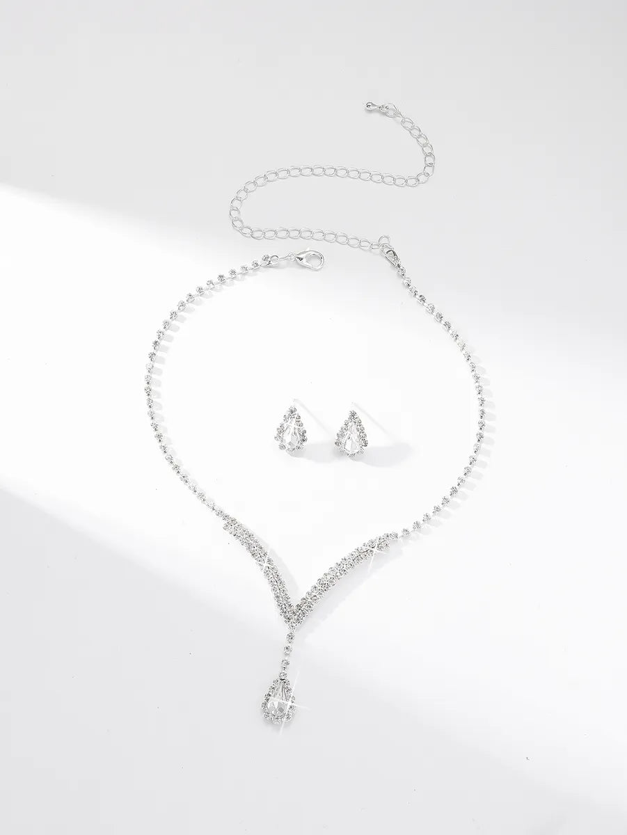 Wedding Vacation Shiny Solid Color Alloy Plating Inlay Rhinestones Silver Plated Women's Earrings Necklace