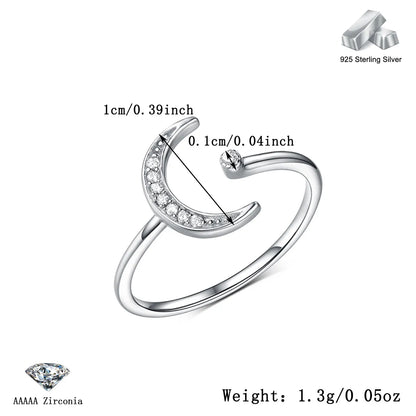 White Gold Plated Sterling Silver Zircon Moon Open Rings