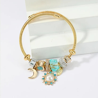 Wholesale 1 Piece Bohemian Sun Moon Stainless Steel 18k Gold Plated Artificial Pearls Artificial Diamond Bangle