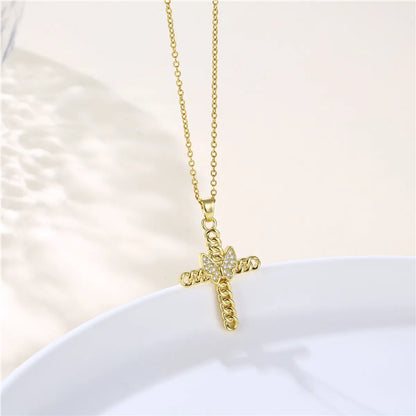 Korean Style Cross Swan Eye Stainless Steel Titanium Steel Plating Inlay Zircon 18k Gold Plated Gold Plated Pendant Necklace