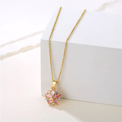 Wholesale 1 Piece Korean Style Flower Stainless Steel Titanium Steel 18k Gold Plated Gold Plated Zircon Pendant Necklace