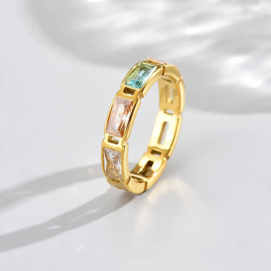 Wholesale 1 Piece Shiny Round Square Stainless Steel 14k Gold Plated Zircon Rings