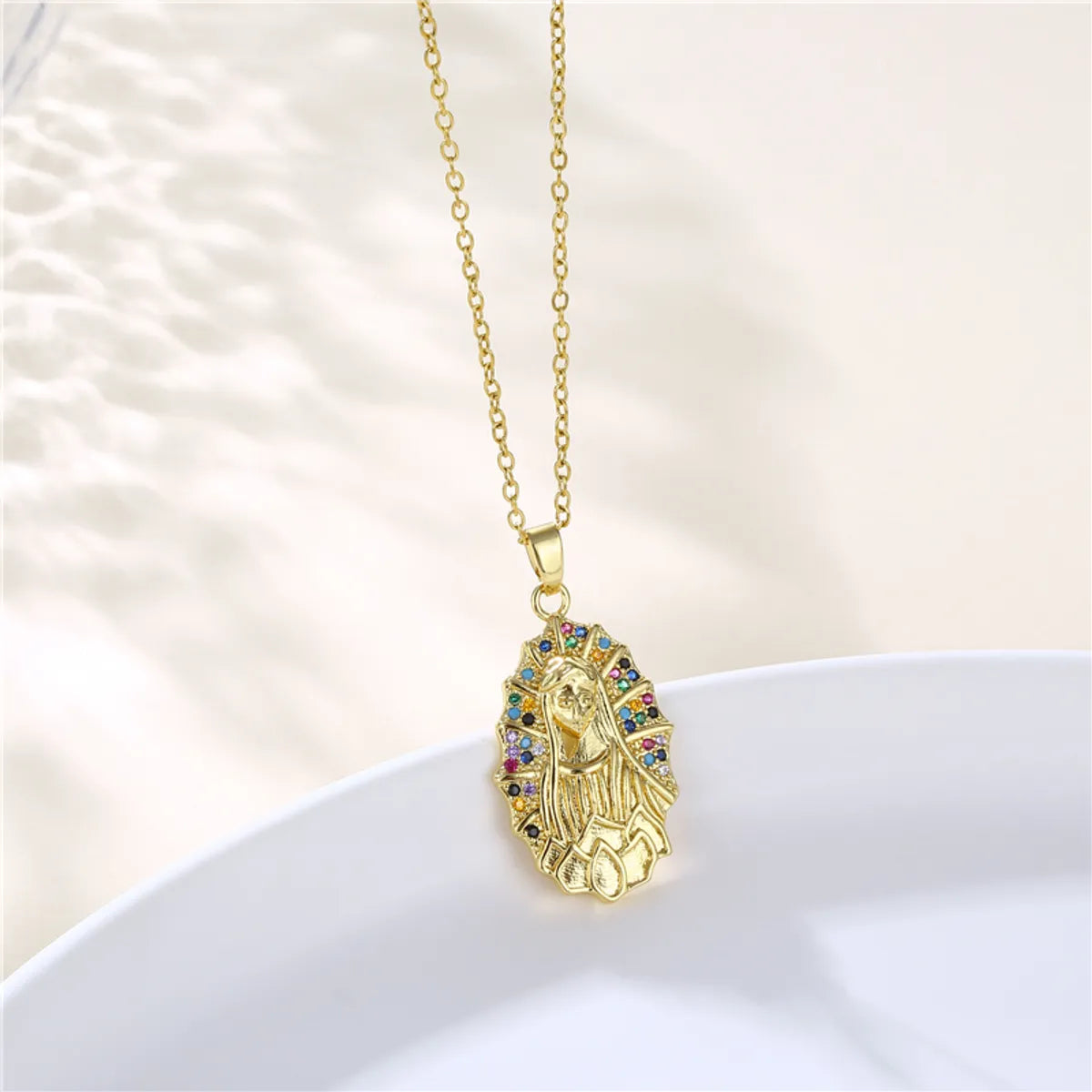 Stainless Steel Titanium Steel 18K Gold Plated Artistic Plating Inlay Leaves Heart Shape Cat Zircon Pendant Necklace