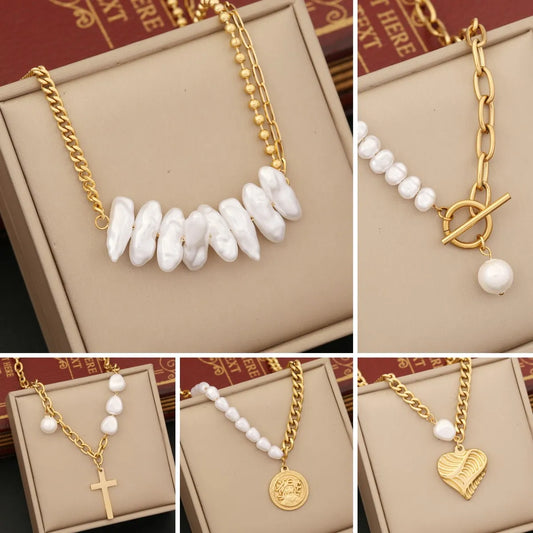 Wholesale Baroque Style Irregular Cross Heart Shape Stainless Steel Imitation Pearl Necklace