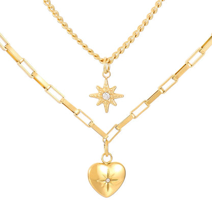 Wholesale Basic Heart Shape Titanium Steel Inlay Rhinestones Double Layer Necklaces