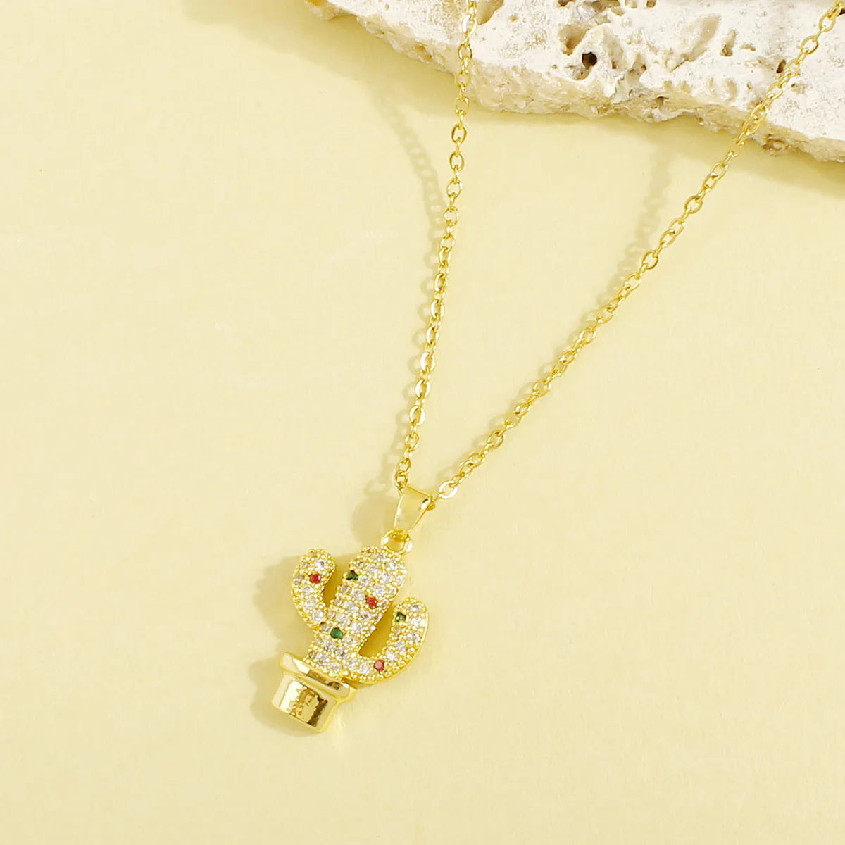 Wholesale Basic Modern Style Classic Style Cactus Plant 304 Stainless Steel Copper Plating Inlay 18K Gold Plated Zircon Pendant Necklace