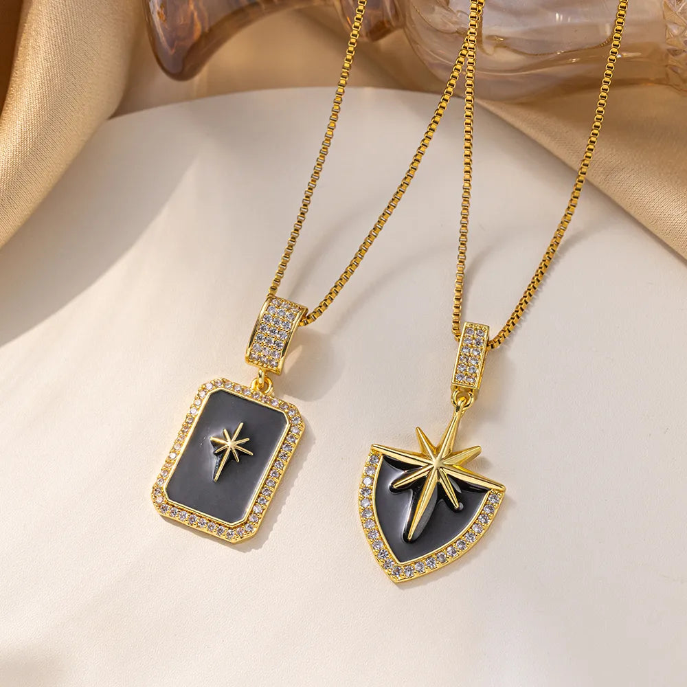 Wholesale Basic Modern Style Classic Style Eight Awn Star Copper Enamel Inlay 18K Gold Plated Rhinestones Pendant Necklace