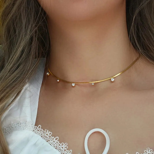 Beach Geometric Titanium Steel Metal Inlay Zircon 18k Gold Plated Choker