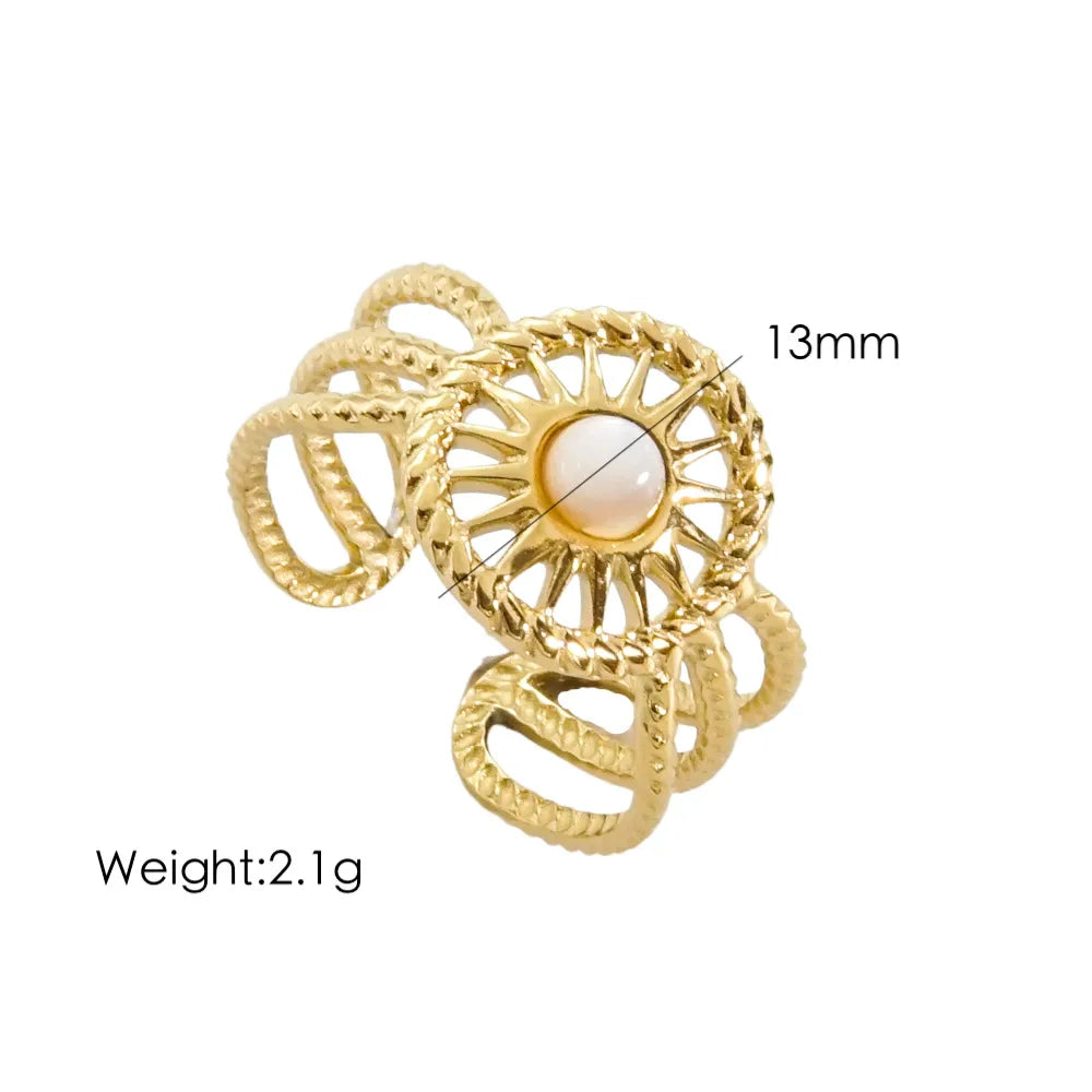 304 Stainless Steel 14K Gold Plated Bohemian Plating Inlay C Shape Natural Stone Open Rings