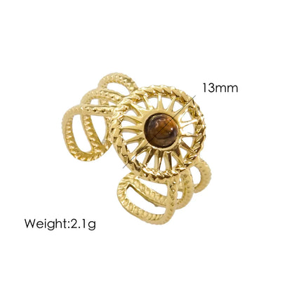 304 Stainless Steel 14K Gold Plated Bohemian Plating Inlay C Shape Natural Stone Open Rings