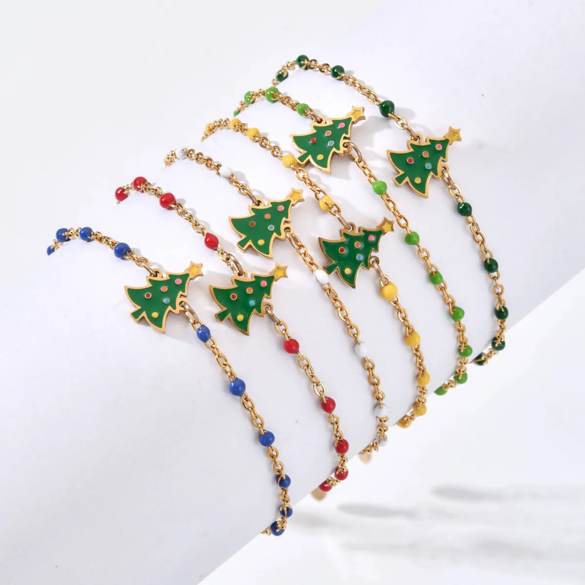 Wholesale Cartoon Style Cute Christmas Tree Stainless Steel Enamel Plating Gold Plated Bracelets