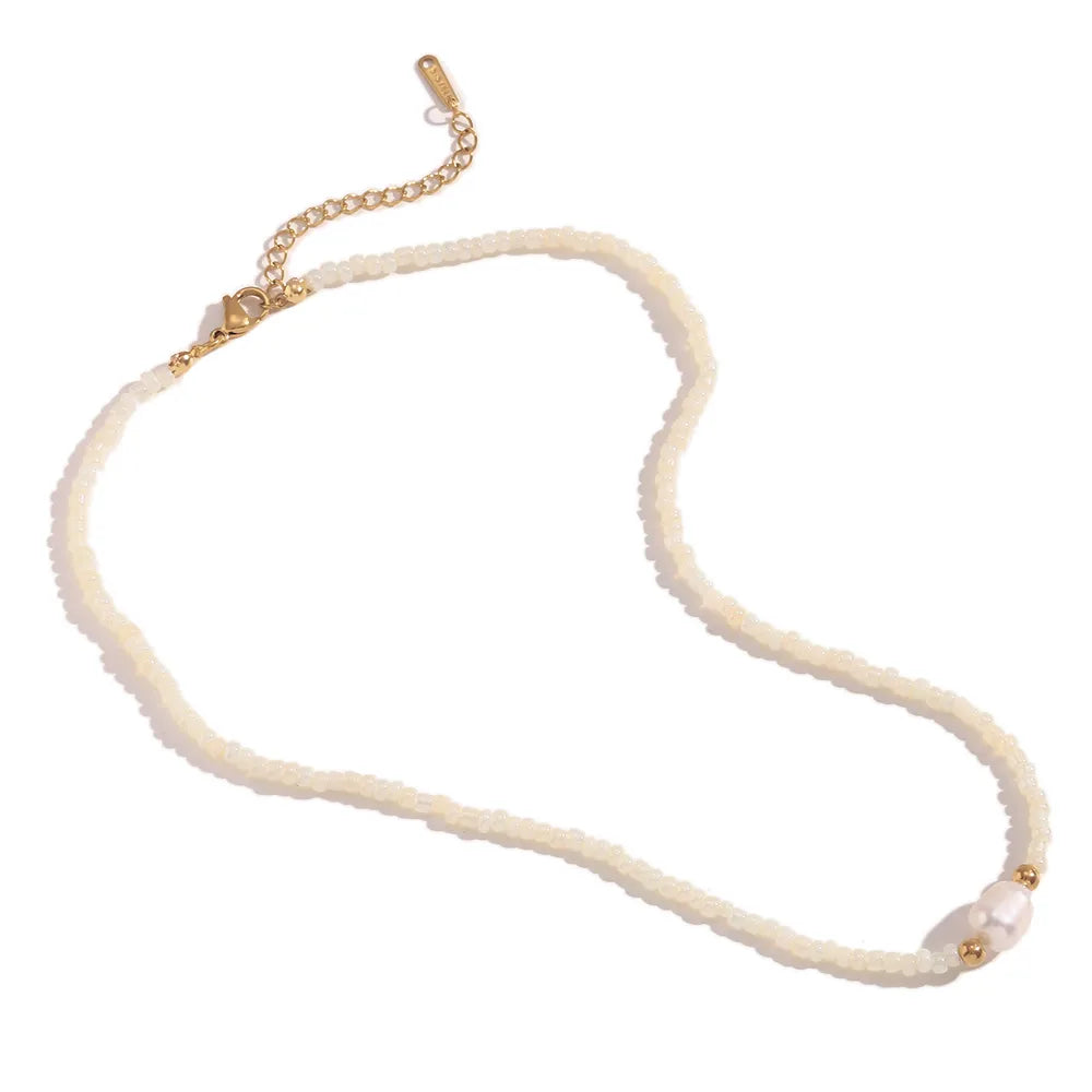 Wholesale Jewelry Casual Basic Solid Color 304 Stainless Steel Freshwater Pearl Seed Bead 18K Gold Plated Beaded Plating Necklace